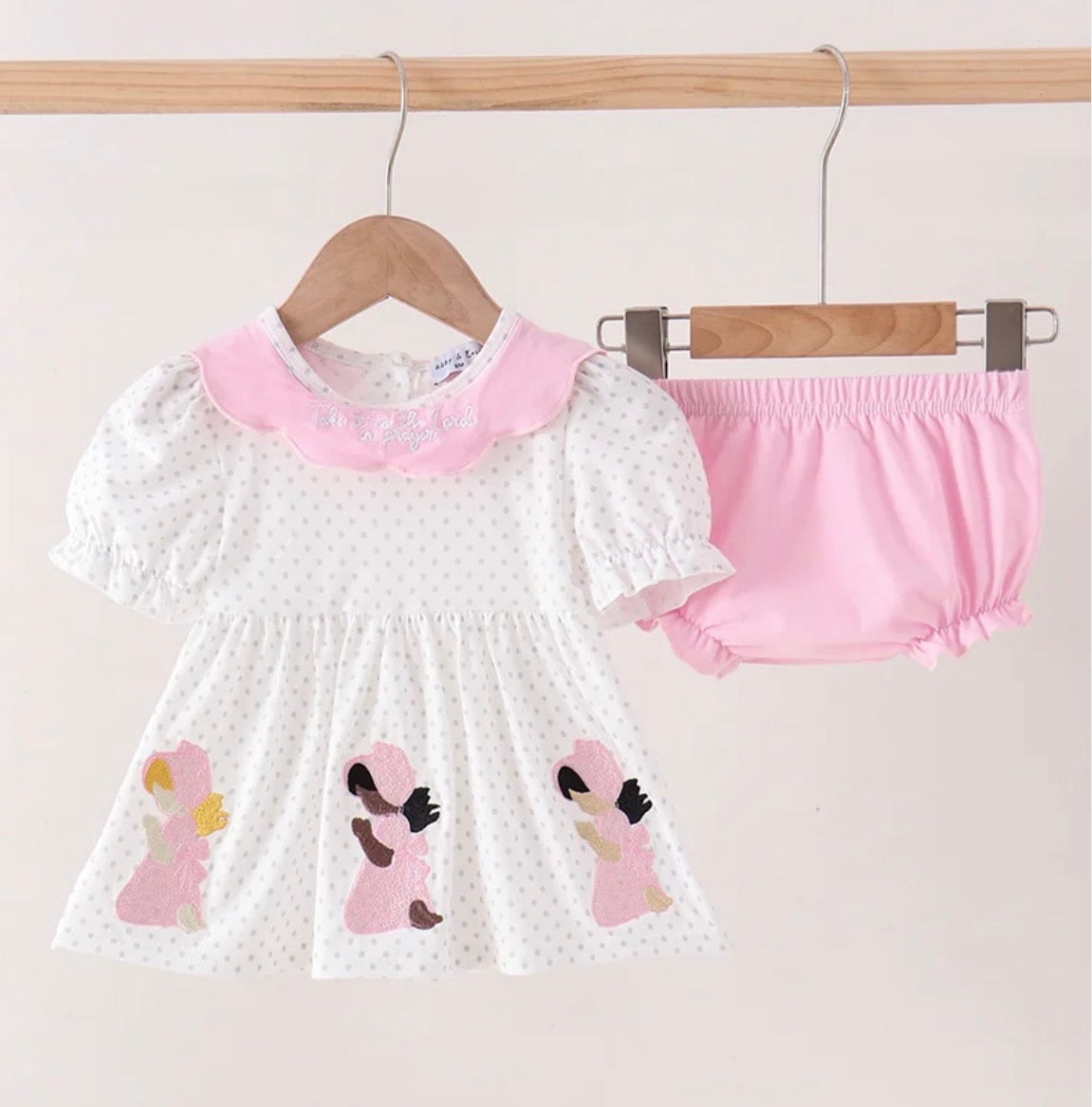 Pink Prayer Embroidery Ruffle Bloomer Set
