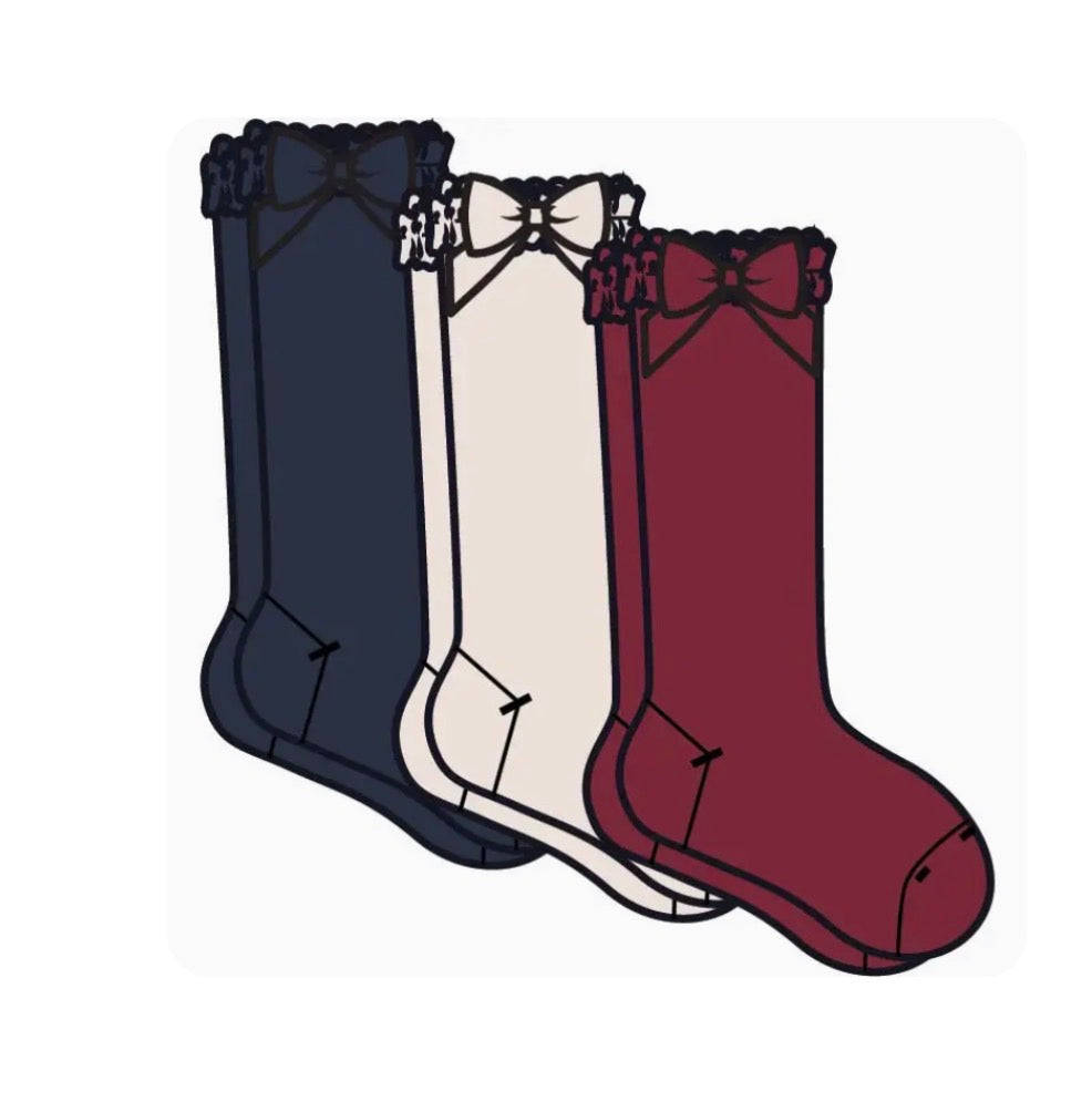 Girls Dark Navy, Ivory, & Dark Cherry lace ruffle bow socks