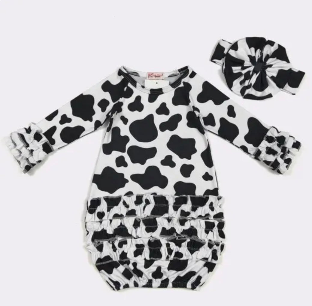 Cow Print Newborn Gown W Bow