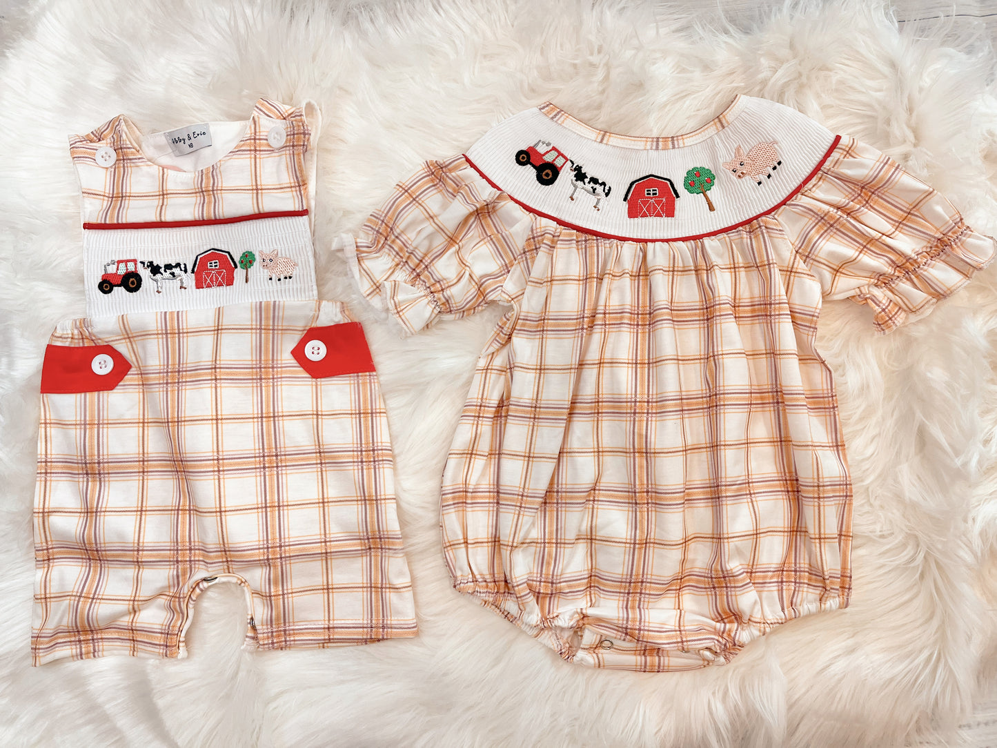 Khaki Farm Embroidery Smocked Plaid Bubble