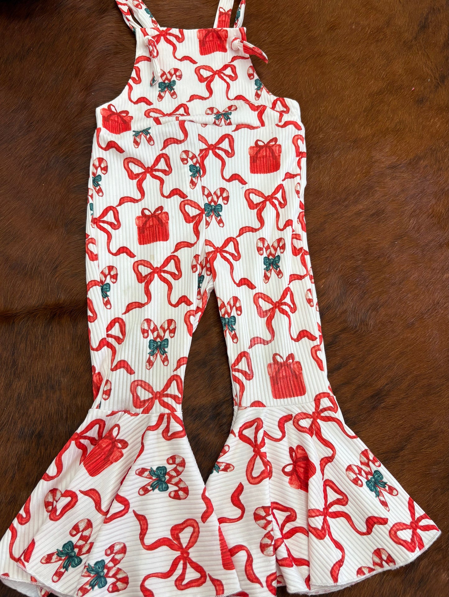Candy cane bow bell bottom romper