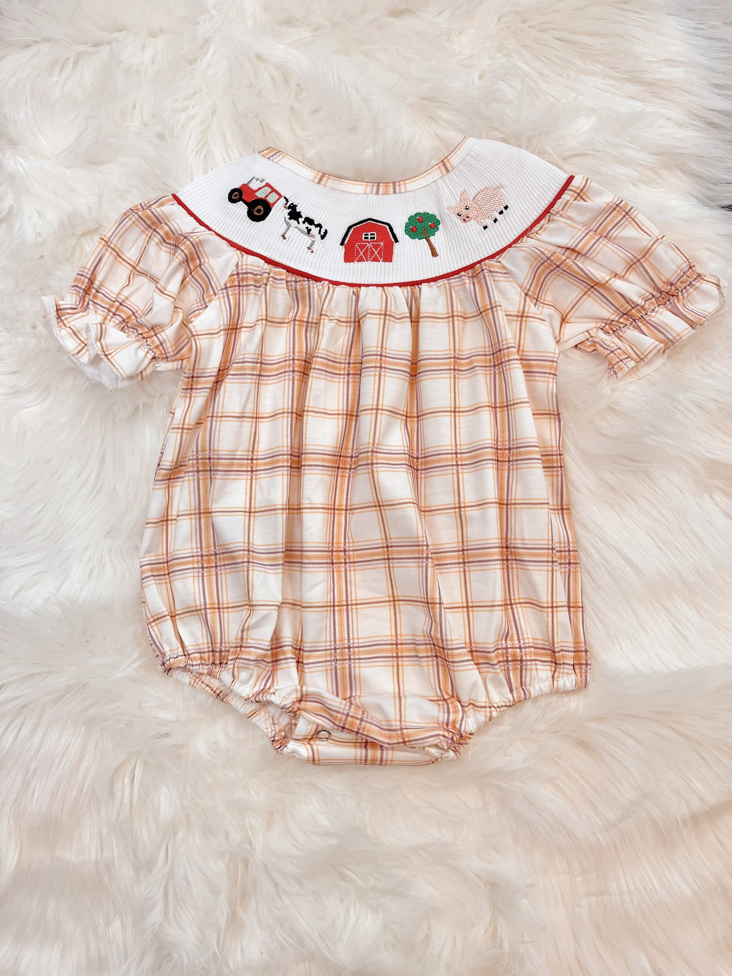 Khaki Farm Embroidery Smocked Plaid Bubble