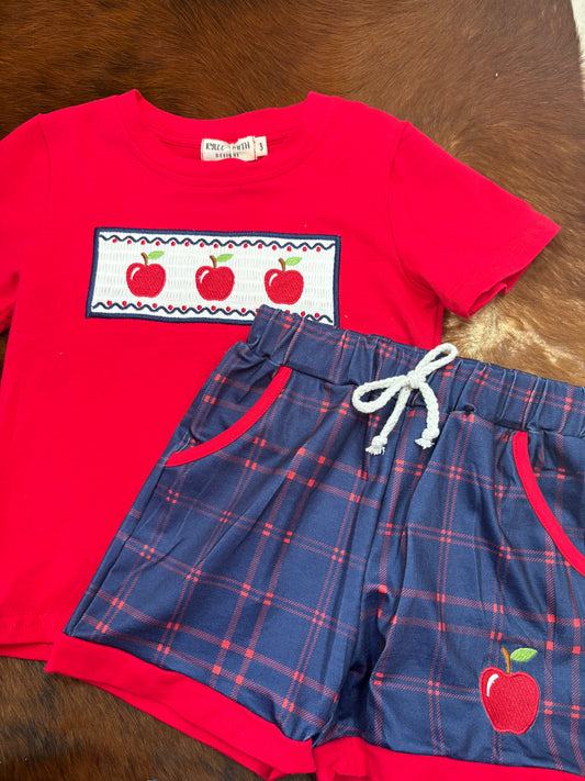 Back To School Apple Boys Set Red Plaid Shorts