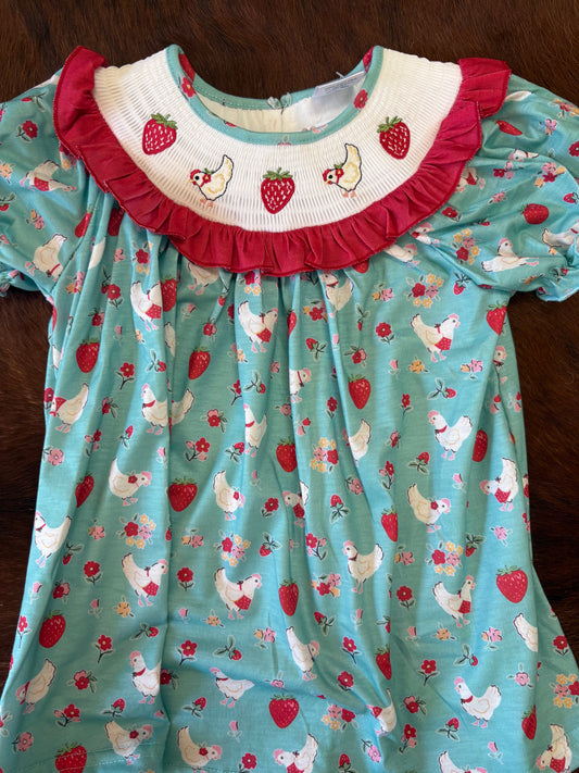 Chicken and strawberry embroidered dress