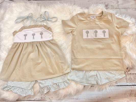 Green Farm Windmill Embroidery Ruffle Shorts Set Girls