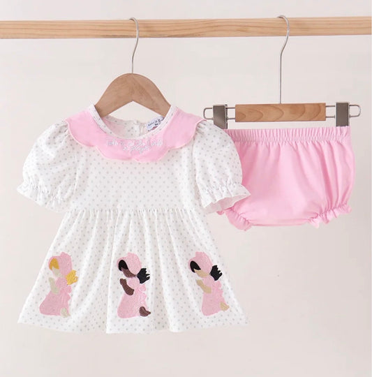 Pink Prayer Embroidery Ruffle Bloomer Set