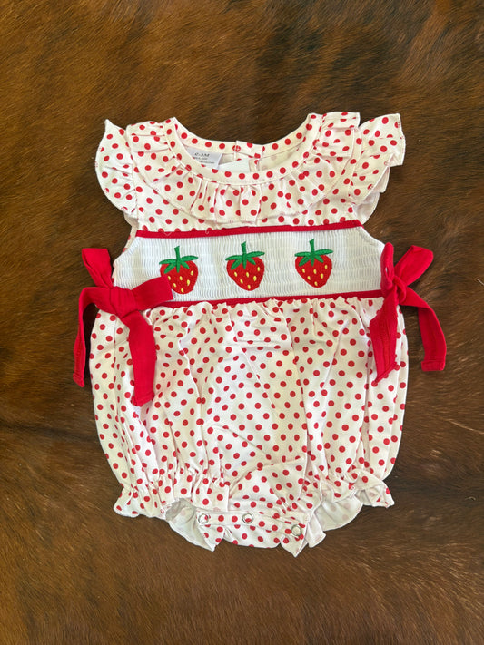 Strawberry smocked embroidered dot romper