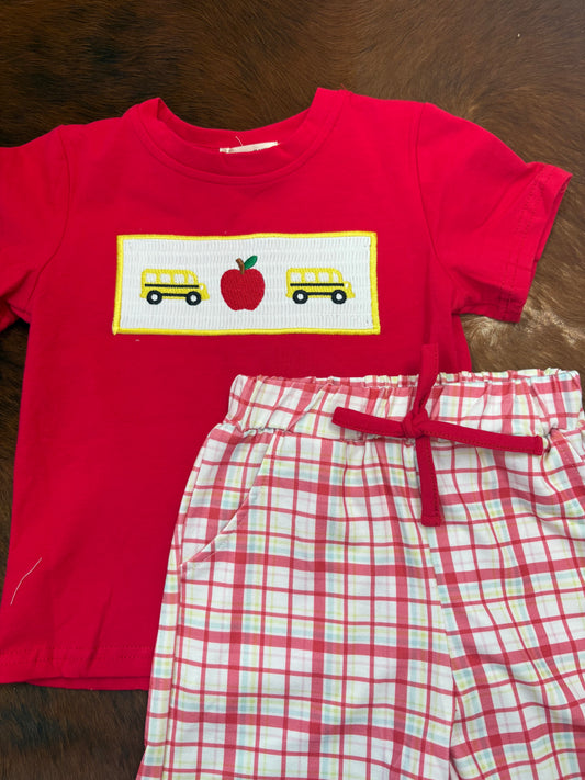 Back To School Bus Boys Set Red Plaid Shorts