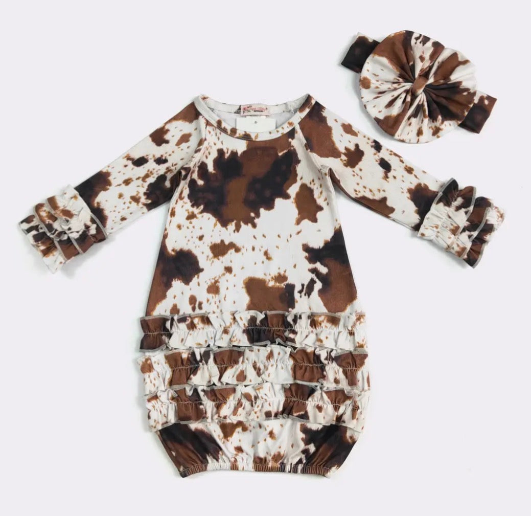 Cow Print Newborn Gown W Bow