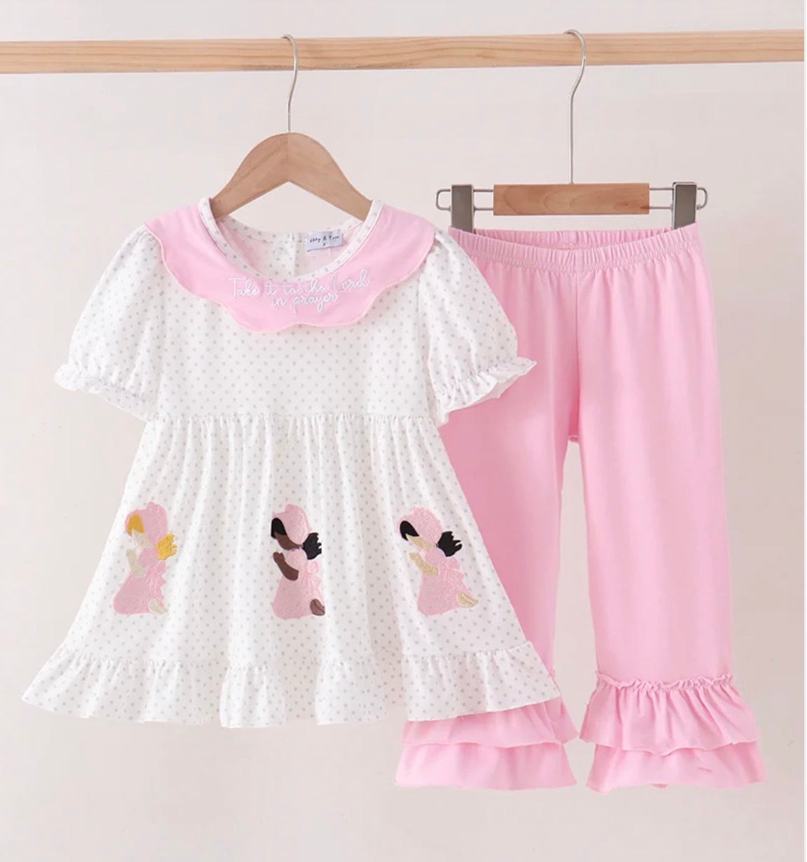 Pink Prayer Embroidery Ruffle Pant Set