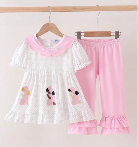 Pink Prayer Embroidery Ruffle Pant Set