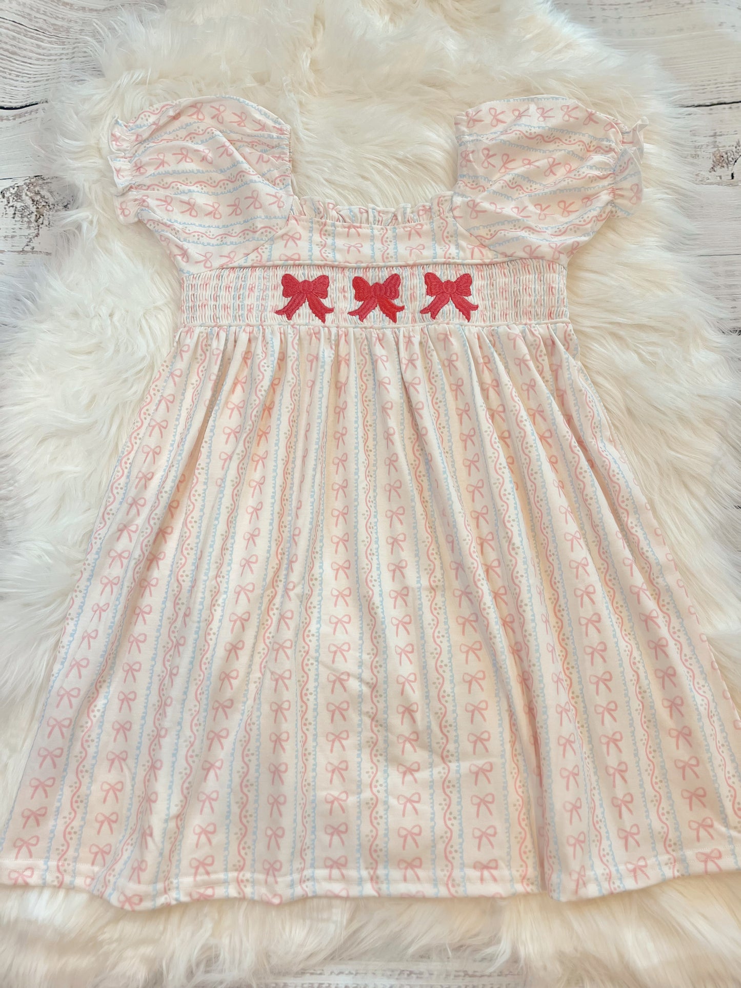 Pink Bow Embroidery Smocked Dress
