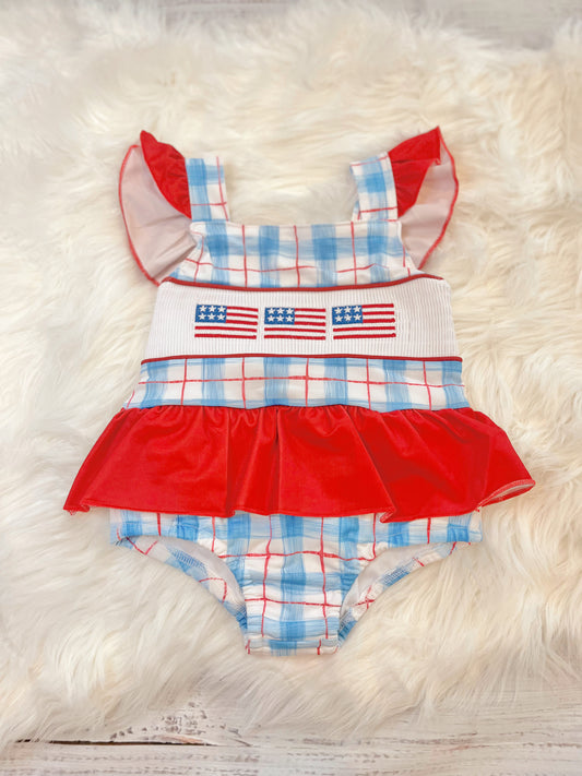 Flag Embroidery Smocked Plaid One-Piece Swimsuit
