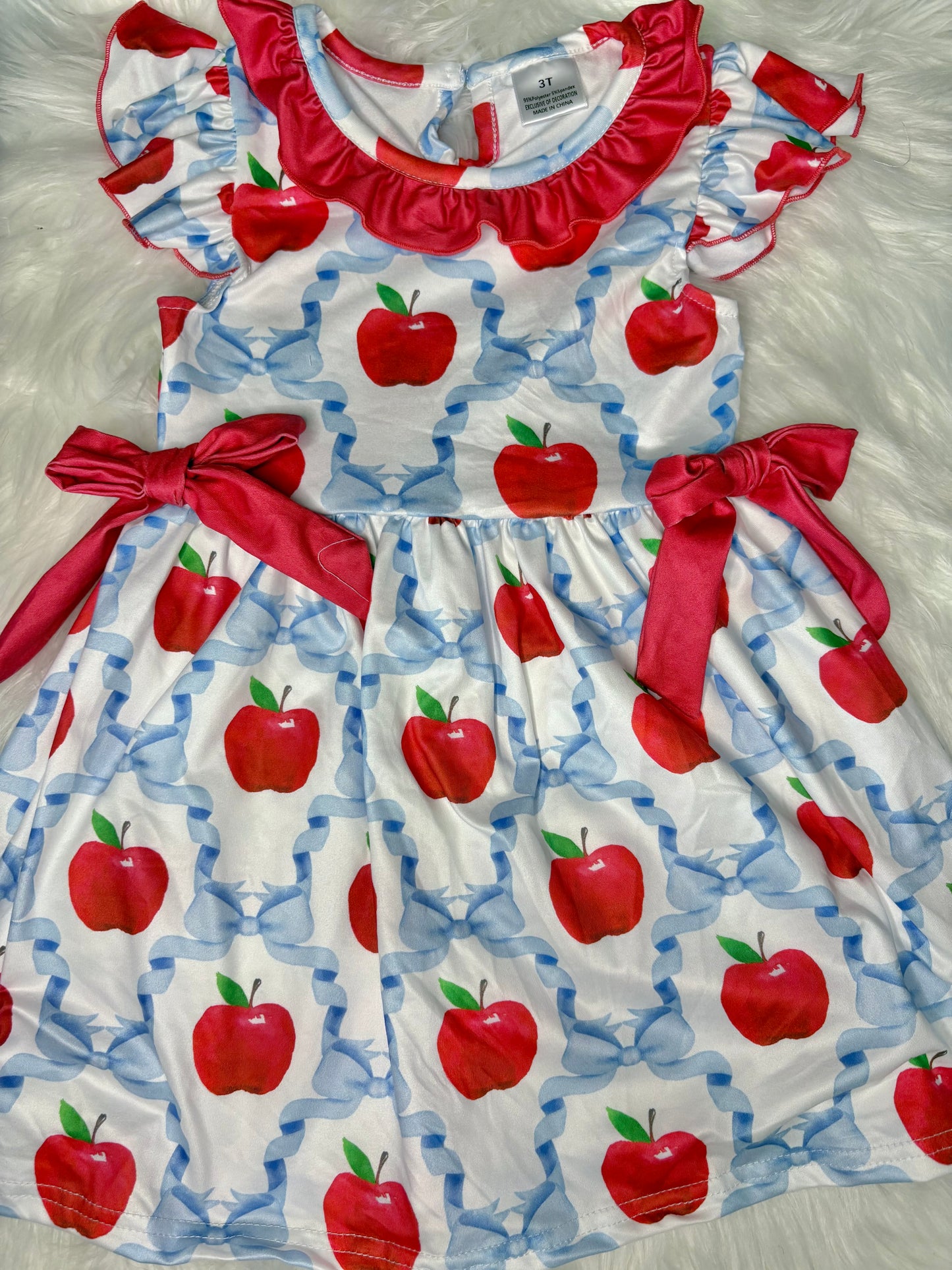 Red Blue Girls Apple Bow Back To School Dress