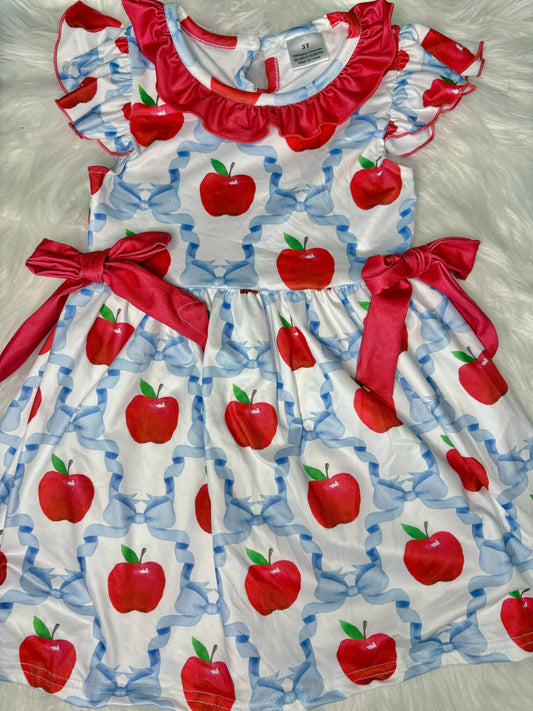 Red Blue Girls Apple Bow Back To School Dress