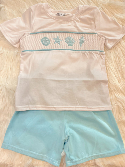 White Starfish Embroidery smocked set boys