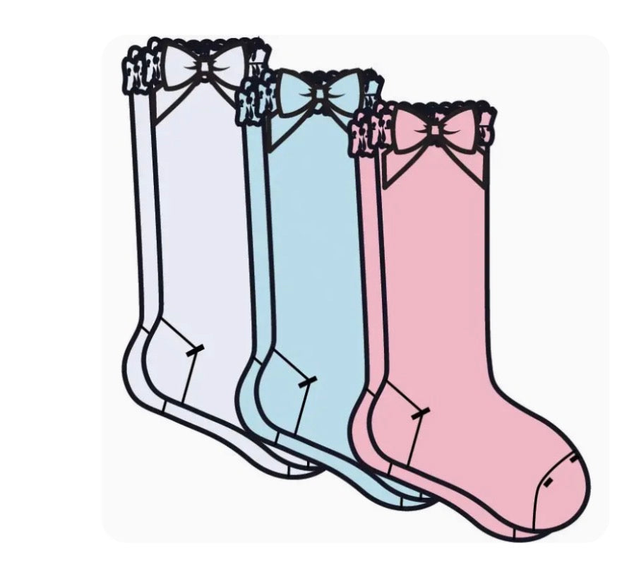 Girls white ocean tide blue & pink 3 pack lace ruffle bow socks