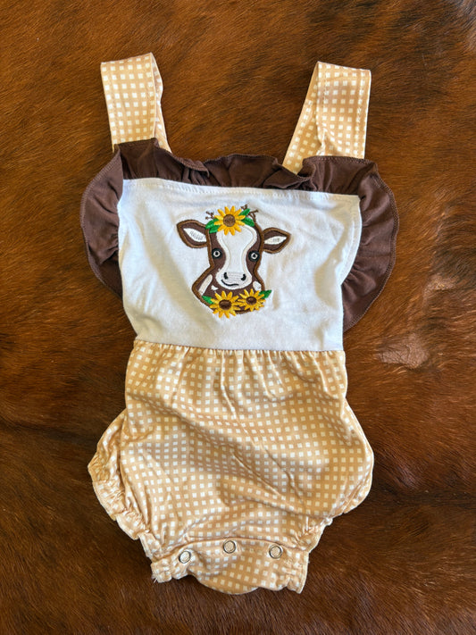 Cow sunflower appliqué girls onesie