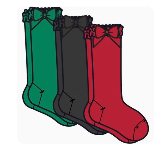 Girls Green, Red, & Black 3 pack lace ruffle bow socks