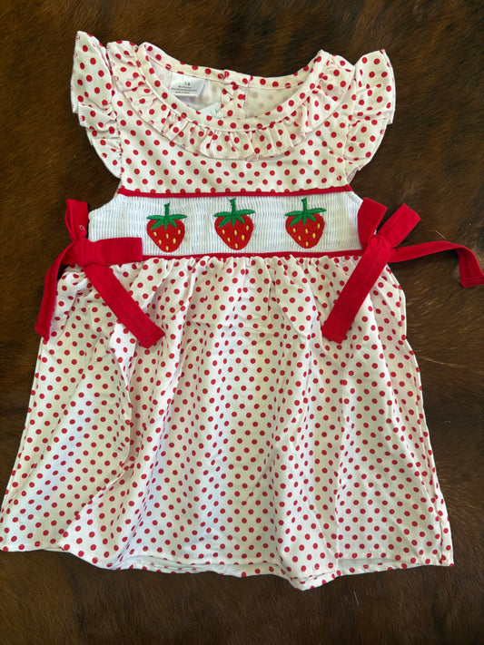 Strawberry smocked embroidered red dot dress