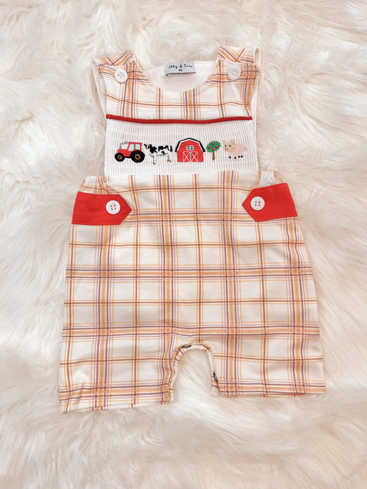 Khaki Farm Embroidery Plaid John-John