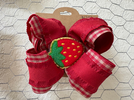 Red plaid strawberry bow with strawberry in center