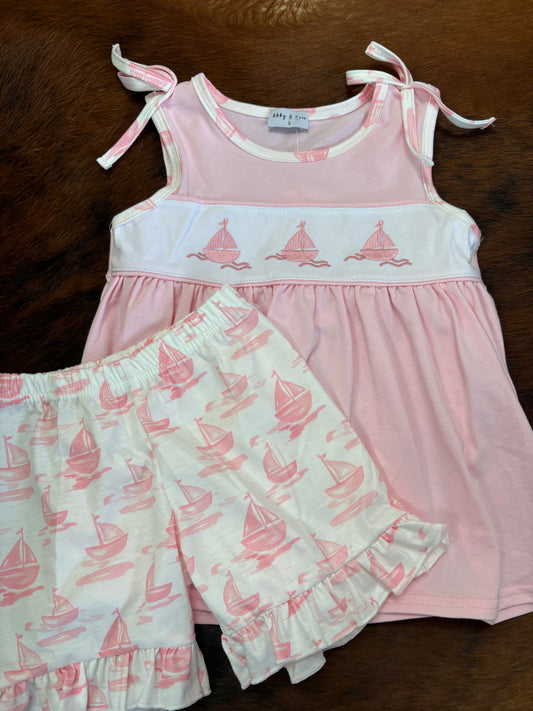 Pink Sailboat Embroidered Set