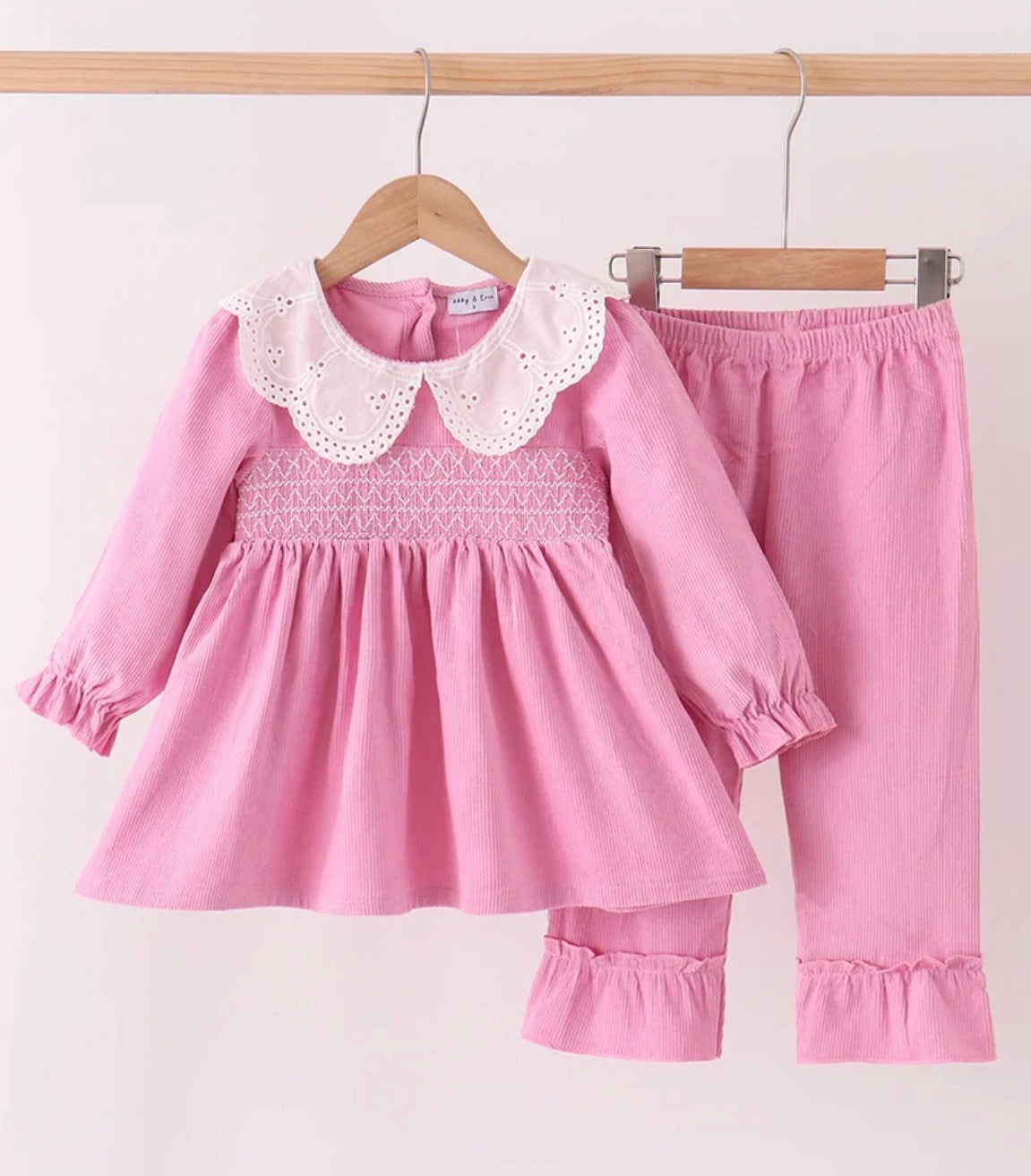 Pink Corduroy lace smocked legging set