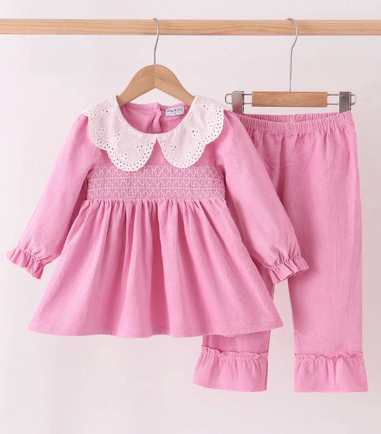 Pink Corduroy lace smocked legging set