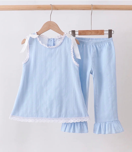 Blue Jacquard Lace Ruffle Pant Set