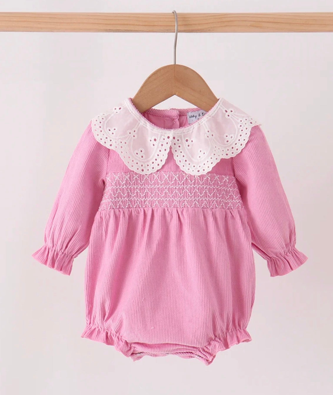 Pink Corduroy lace smocked bubble