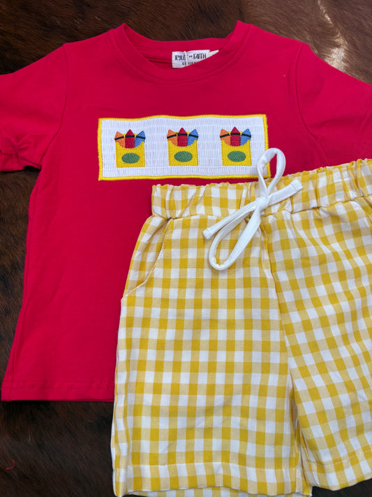 Back To School Crayon Smocked Boys Plaid Short Set