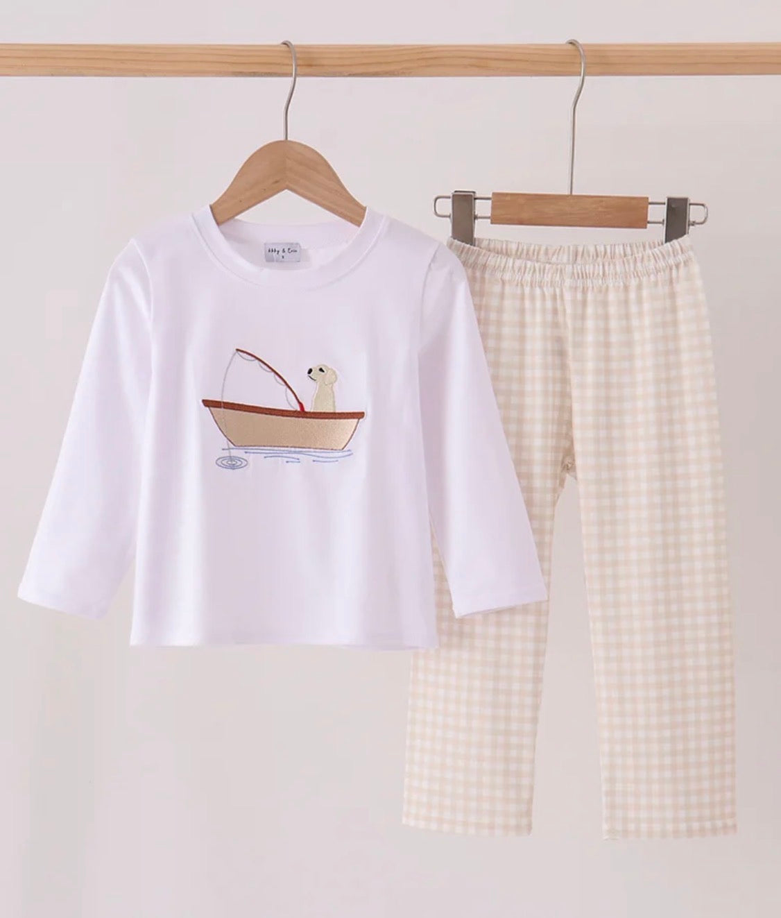 Khaki Puppy Fishing Embroidered Set