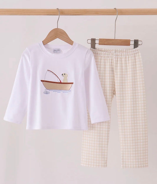 Khaki Puppy Fishing Embroidered Set