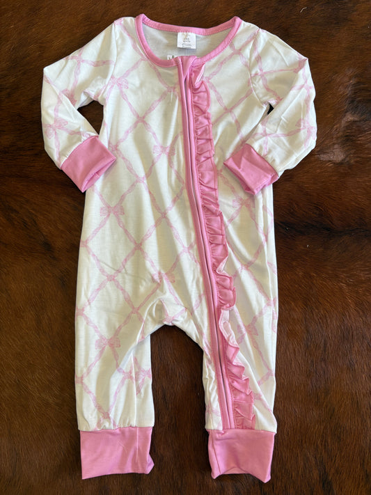 Baby pink bow print sleeper with ruffles