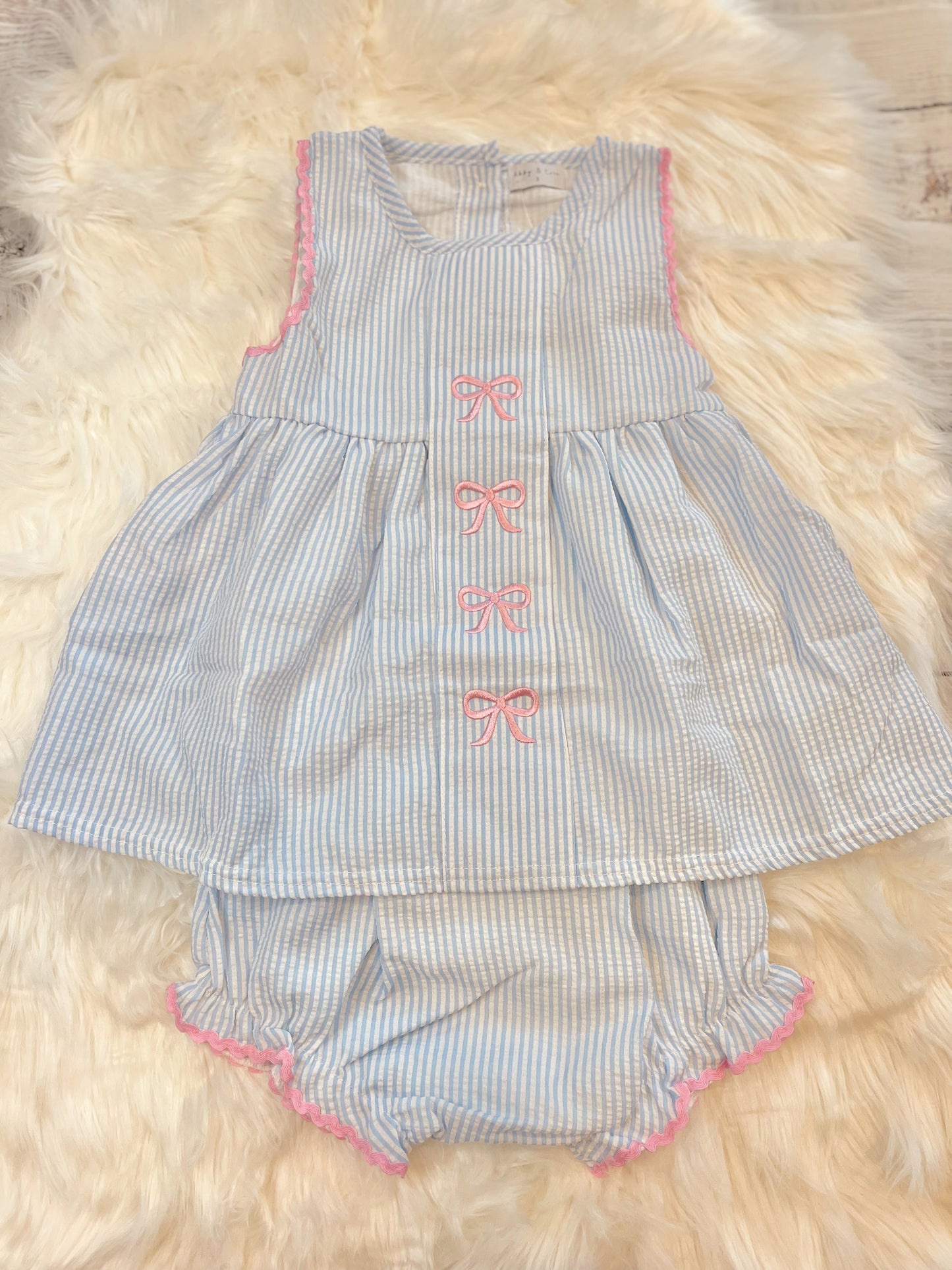 Blue Striped Seersucker Bow Bloomers Set