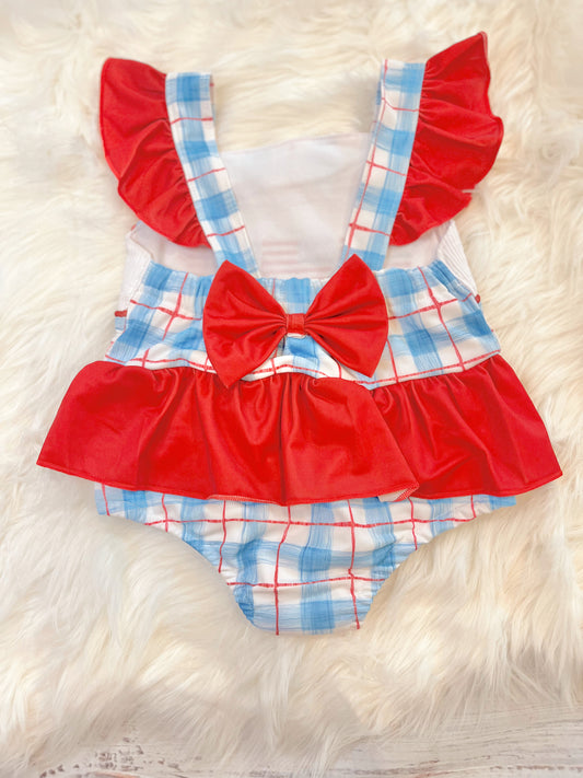 Flag Embroidery Smocked Plaid One-Piece Swimsuit