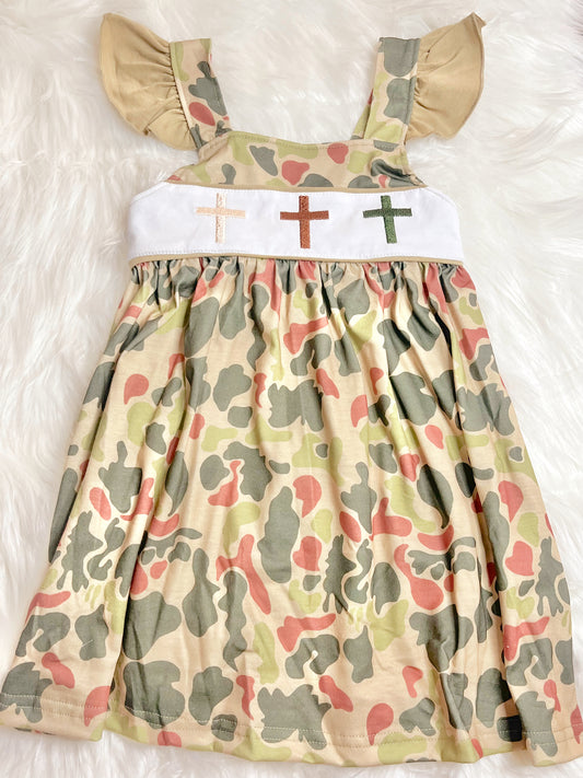 Camo cross embroidery dress girls