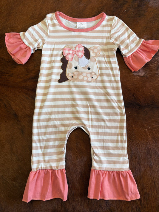 Baby cow appliqué girl stripe romper