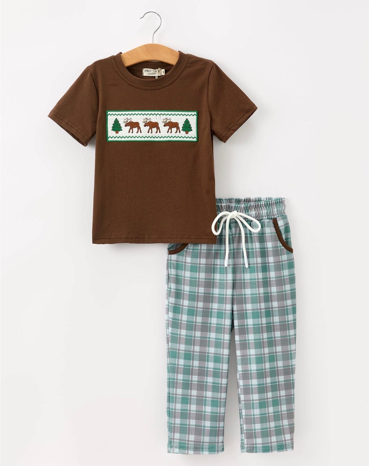 Plaid Moose Smocked Boys Short Sleeve Pant Set
