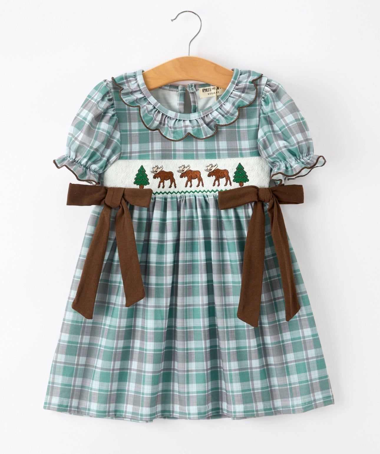 Plaid Moose Smocked Girls Puff Sleeve Dress