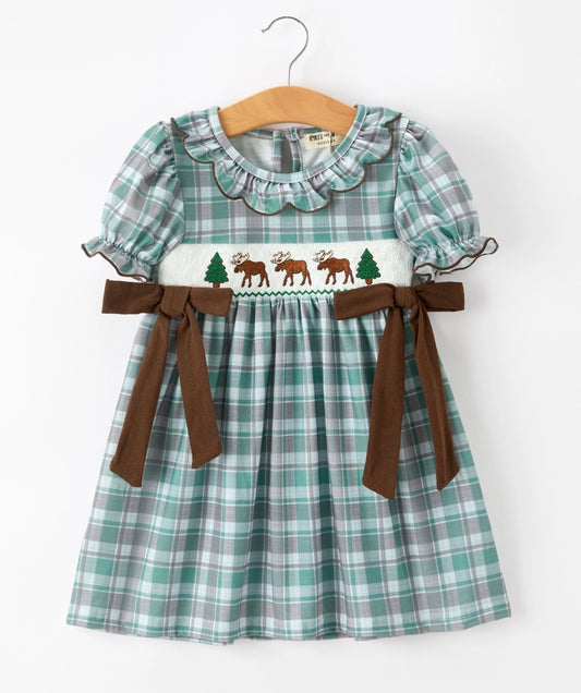 Plaid Moose Smocked Girls Puff Sleeve Dress