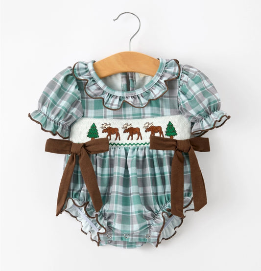 Plaid Moose Smocked Baby Girl Bubble Romper