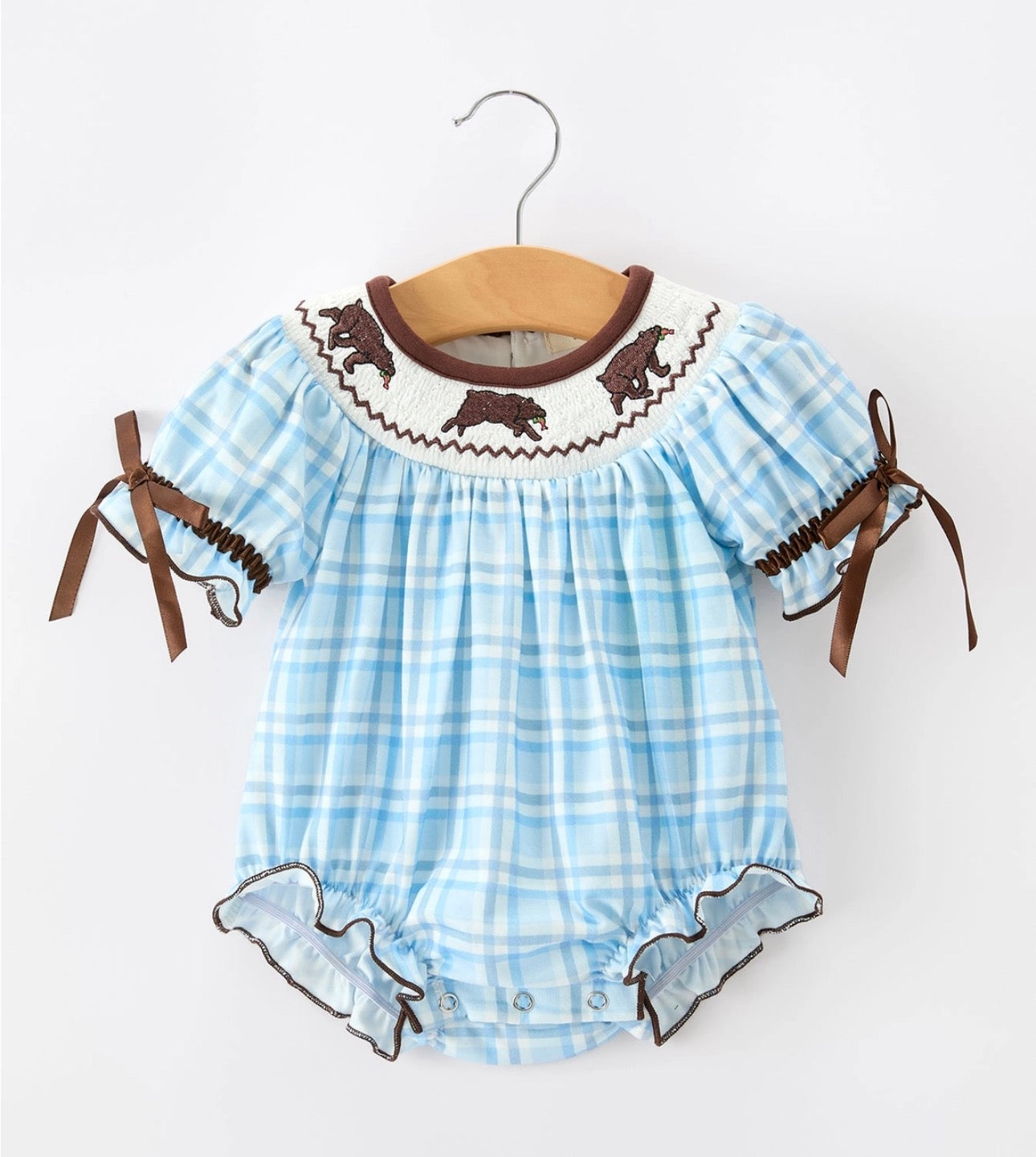 Bear Smocked Plaid Baby Bubble
