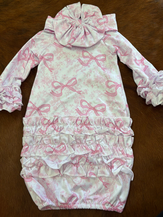 Newborn pink bow nightgown and headband bow