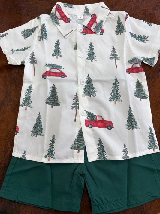 Christmas tree truck collared shirt and short set