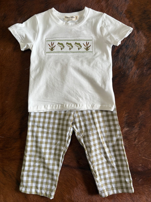 Green fish embroidered boy smock set