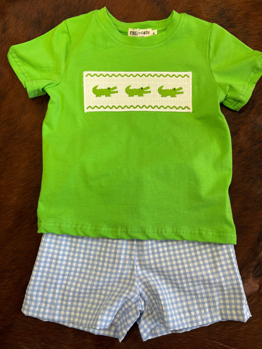 Alligator smocked outfit set
