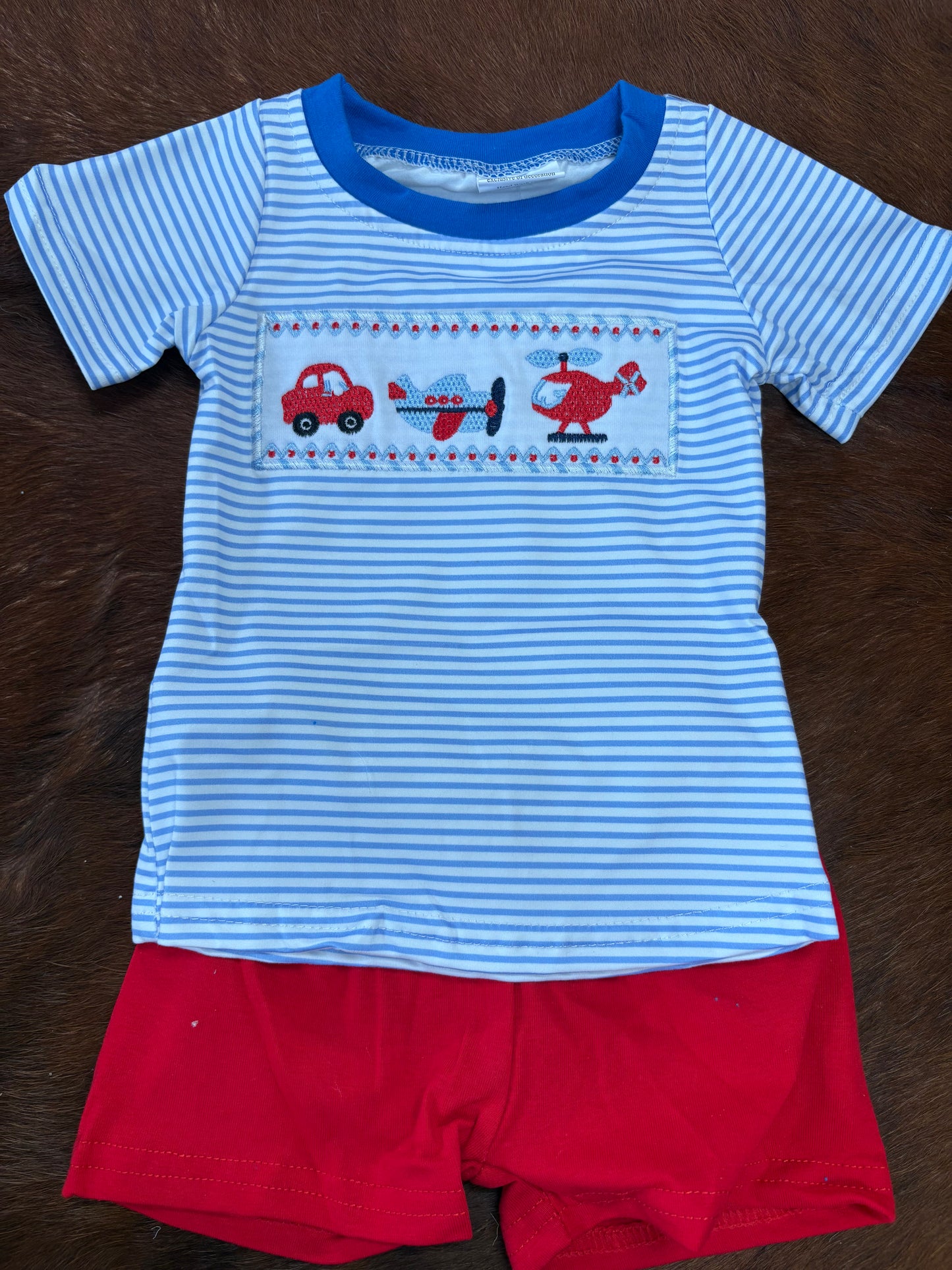 Blue Stripe Transportation Short Set