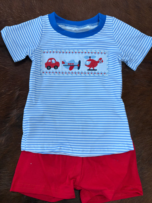 Blue Stripe Transportation Short Set